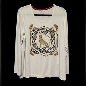 Chico's‎ White Long Sleeve Top with Leopard Size: Large 2